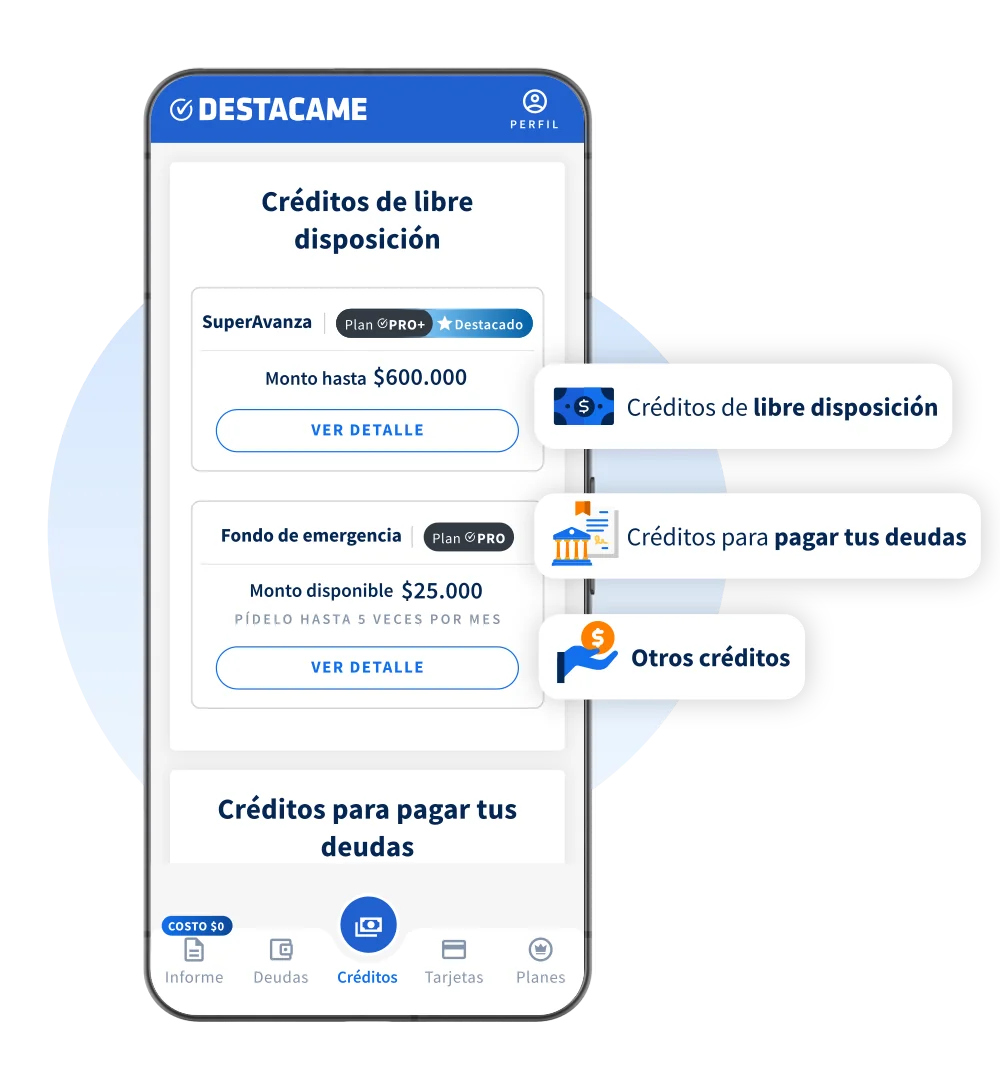 Imagen referencial de la sección Créditos en la app: créditos de libre disposición, créditos para pagar tus deudas y otros créditos