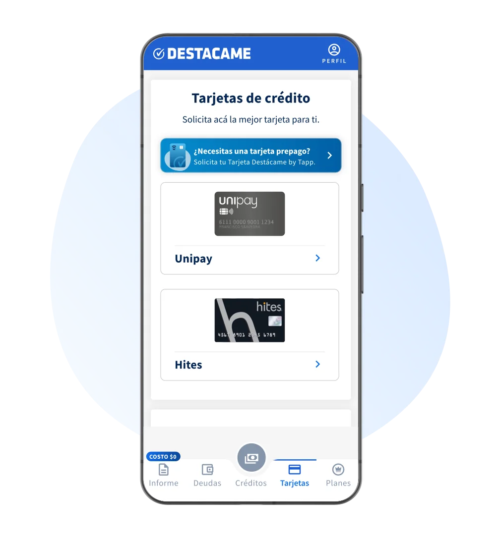Imagen referencial de la sección Tarjetas en la app: tarjetas de crédito de distintas instituciones financieras